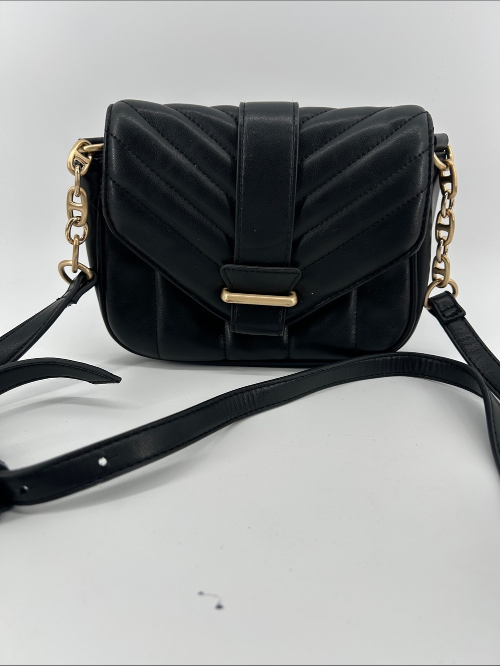 Black Quilted Crossbody Bag with Gold Accent Travel Festival Minimalist
